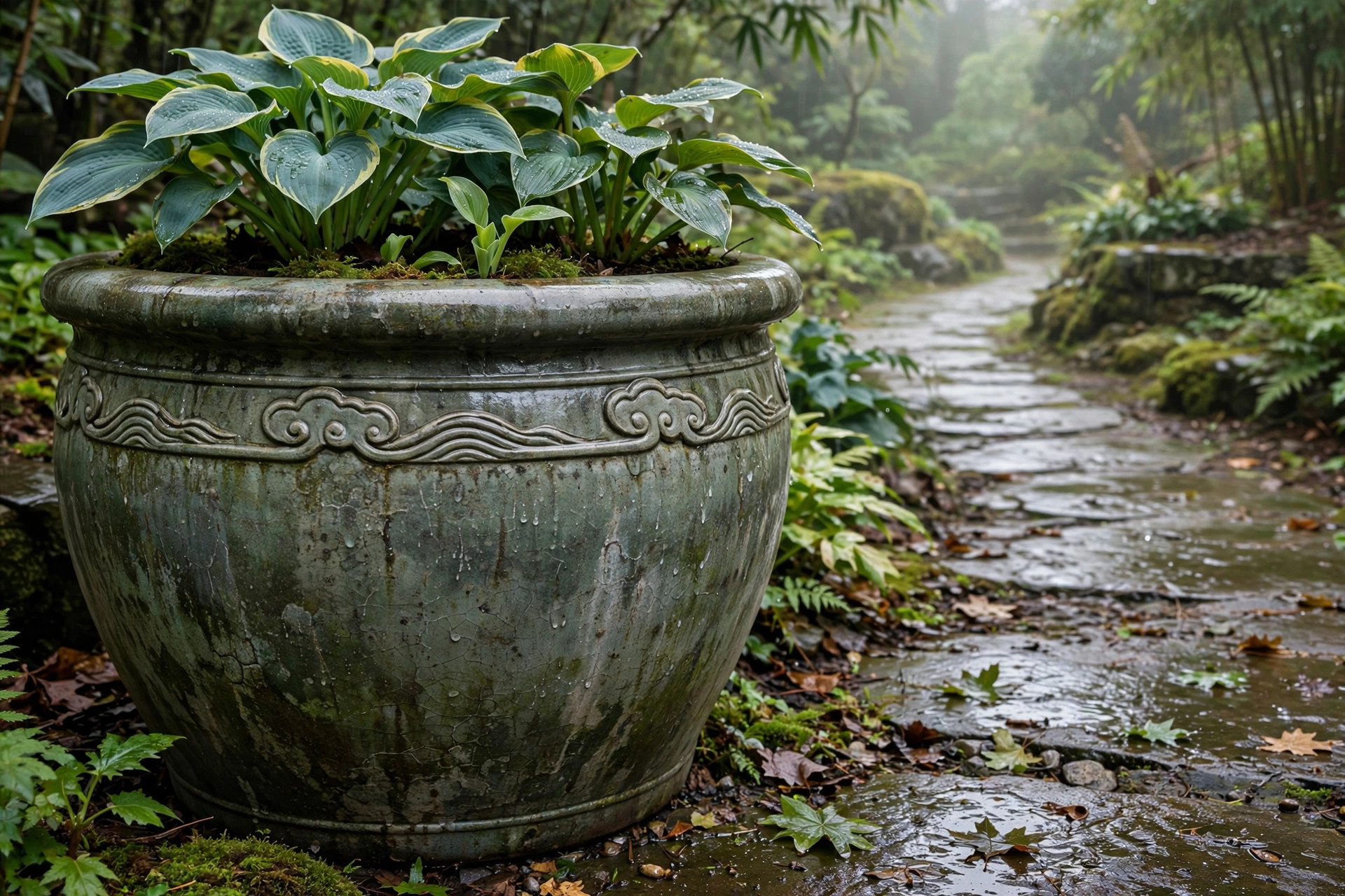 Weathered mottled ceramic planters arranged along a garden path