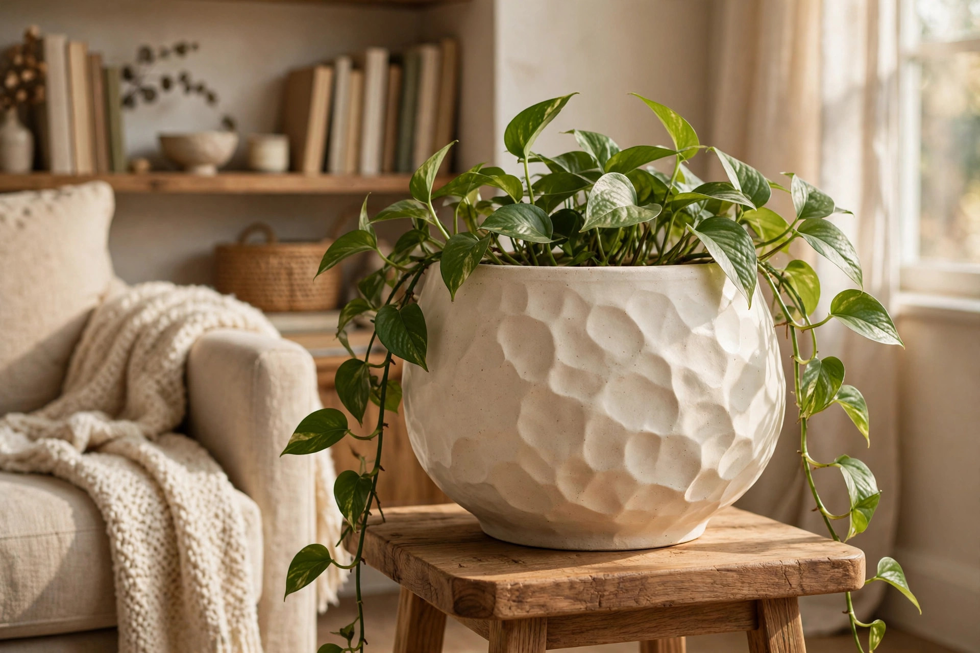 Cream textured ceramic planter styled in a cozy reading corner