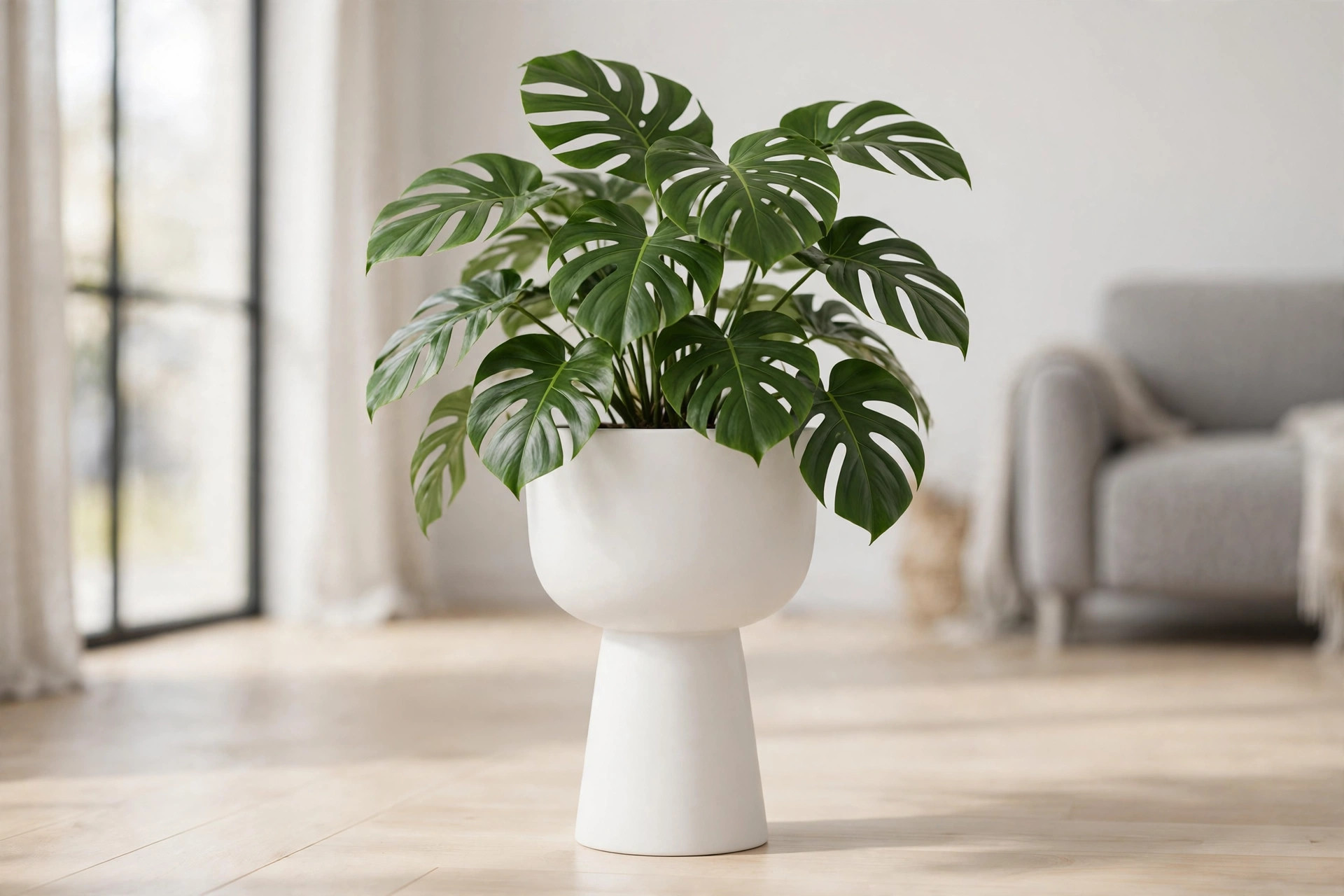 White pedestal ceramic planter with monstera in a bright interior